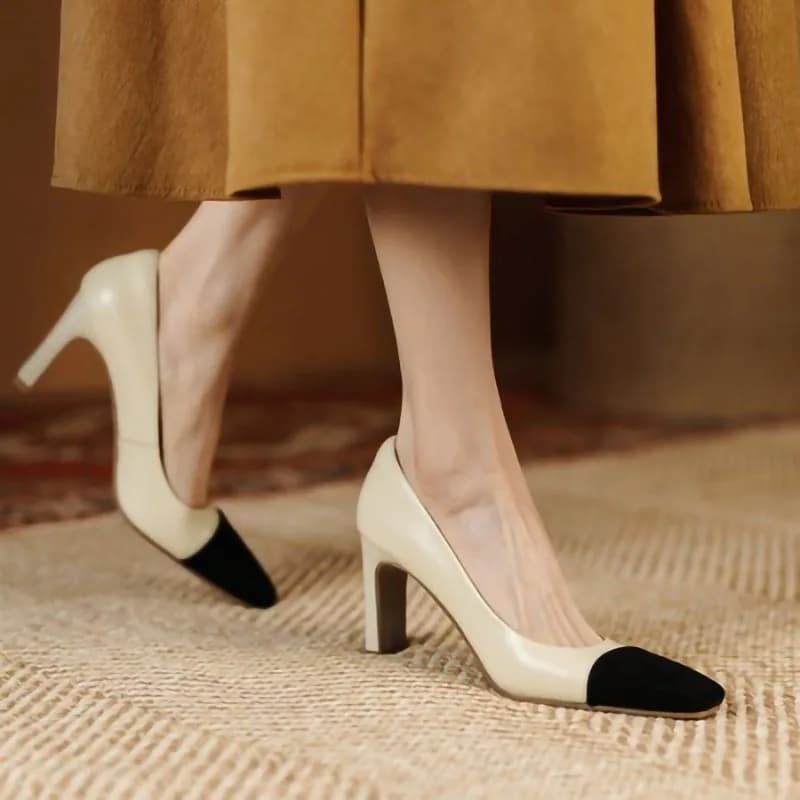 High quality color blocked square toe high heels, simple thick heel cowhide single shoes women's work shoes