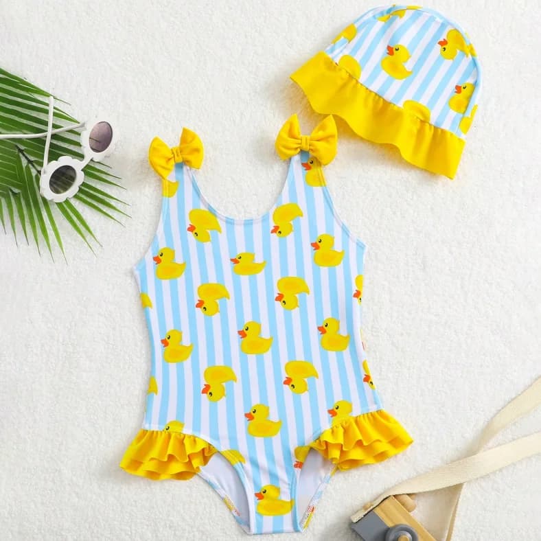 Striped swimsuit for girls 2026 with swim hat, swimsuit with volant for girls 4-7 years