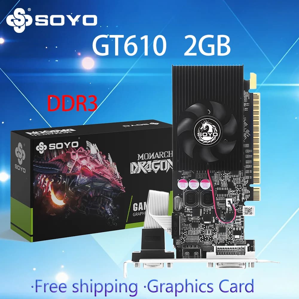 SOYO Graphics Cards NVIDIA GeForce GT 610 2G GDDR3 64bit HDMI*1 DVI*1VGA*1 Video Card For Desktop Gaming Computer