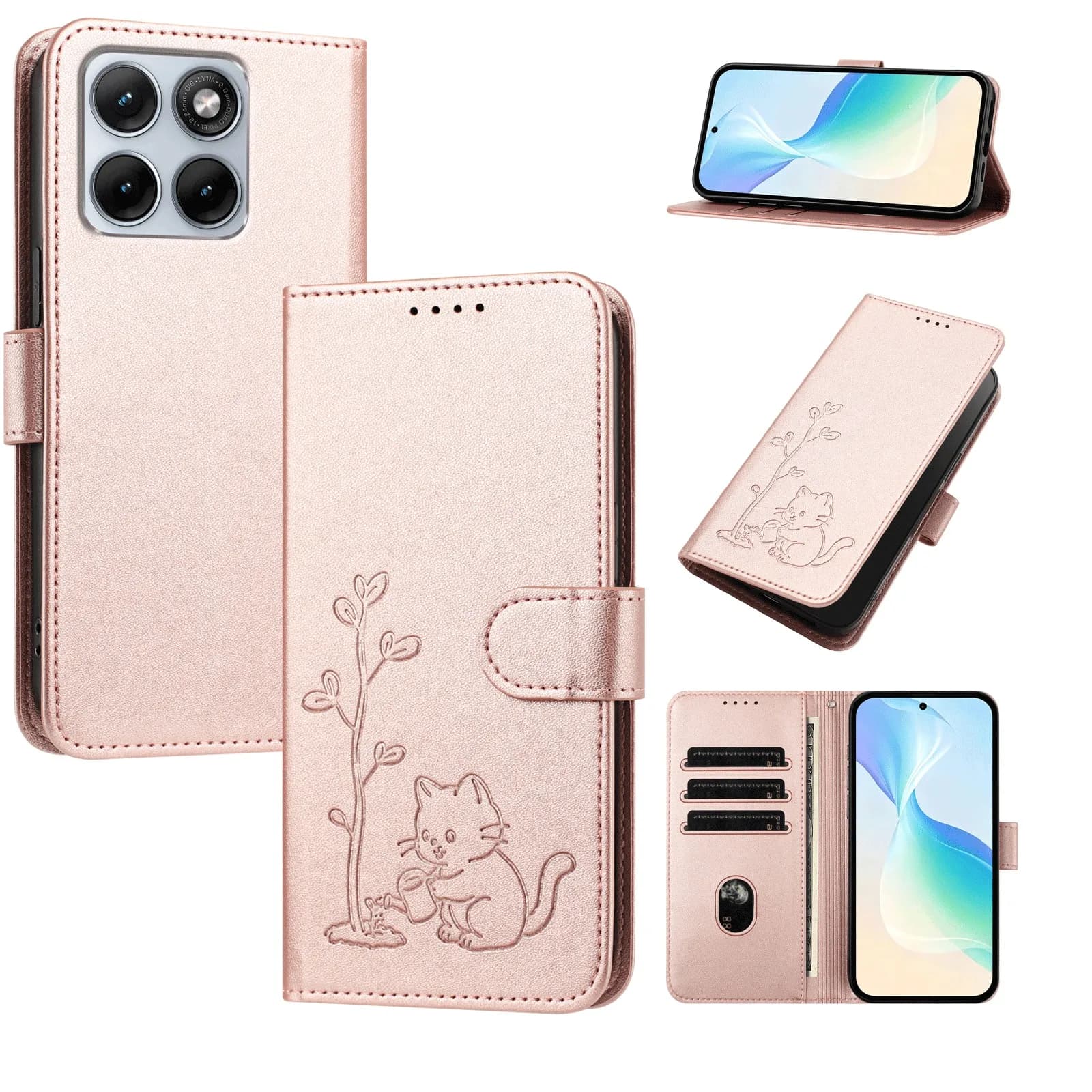 Custodia a Libro in Pelle Antiurto con Slot per Carte e Funzione Stand, Design Gatto Carino che Annaffia l'Albero, per Moto G86 Edge 70 Fusion X70 Air Pro