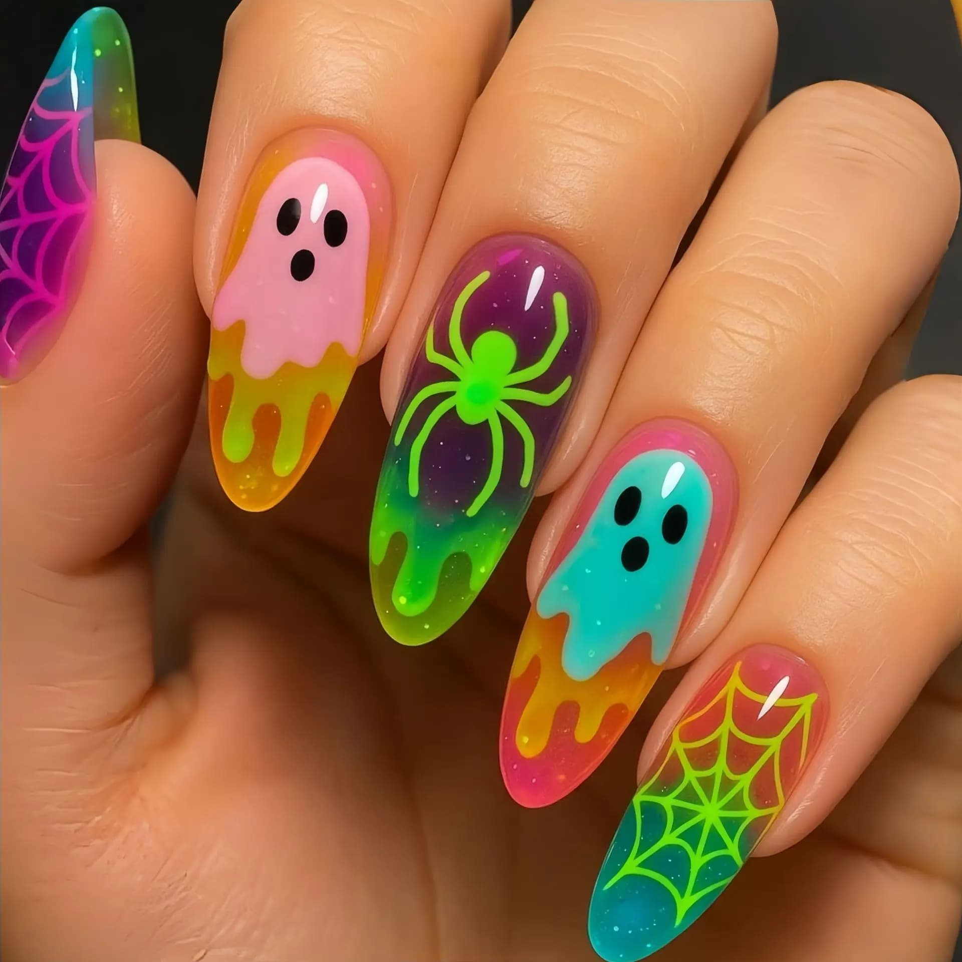 Unghie Finte Halloween con Gradiente Neon, Unghie Acriliche 3D con Fantasmi e Ragni, Unghie Finte a Copertura Totale, Nail Art