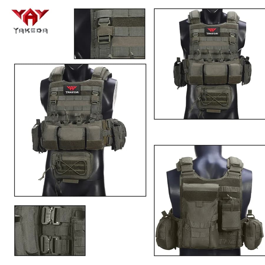 YAKEDA ha quattro gilet da caccia in metallo a sgancio rapido con una grande borsa tripla per attrezzatura da appendere alla parte anteriore