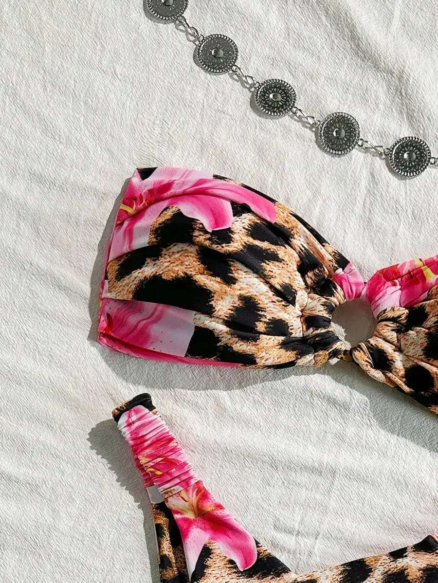 Women Tube Top Leopard Floral Print Two Piece Swimsuit For Beach Vacation