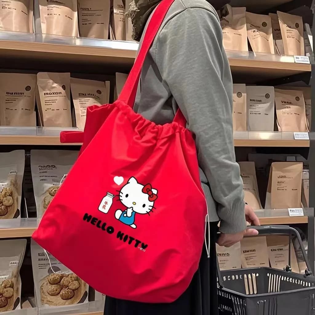 Hello Kitty Red Printed Womens Large Capacity Canvas Tote Bag Hand Carry Reusable Shopping Bag For Student School Commute Travel