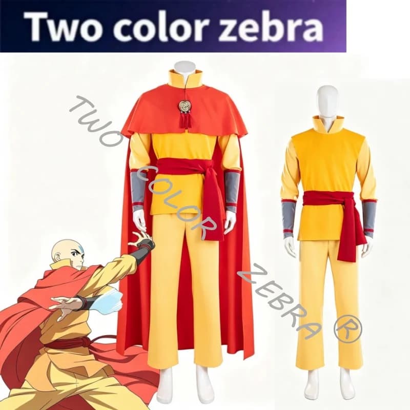 Anime Avatar: The Last Airbender Avatar Aang Cosplay Costume Yellow Monk Uniform with Red Cape Full Set for Halloween Roleplay