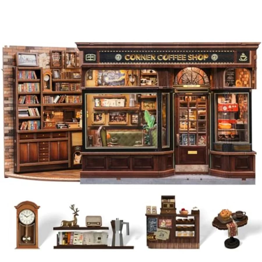 Caffetteria in Miniatura Fai-da-Te, Kit Puzzle 3D in Legno per Adulti, Decorazione per Libreria, Caffetteria in Legno