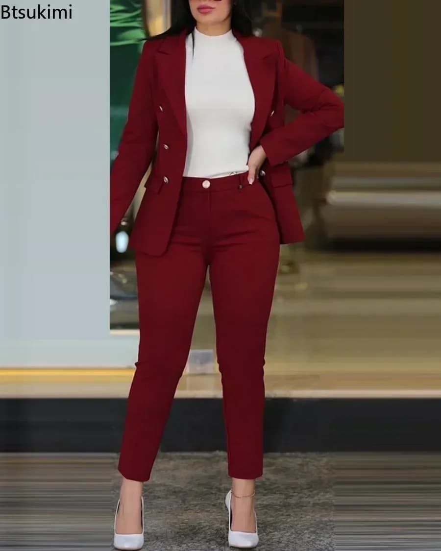 New 2026 Women's Formal Outfits Office Pant Sets Fashion Double Breasted Design Slim Suit Coats and Pants Women Matching Sets