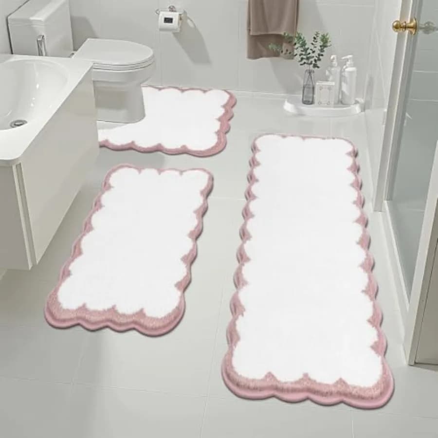 Set di 3 Tappeti da Bagno con Bordo Ondulato, Antiscivolo, Lavabili, con Tappetino a U per WC, Extra Assorbenti, ad Asciugatura Rapida, Morbidi e Soffici