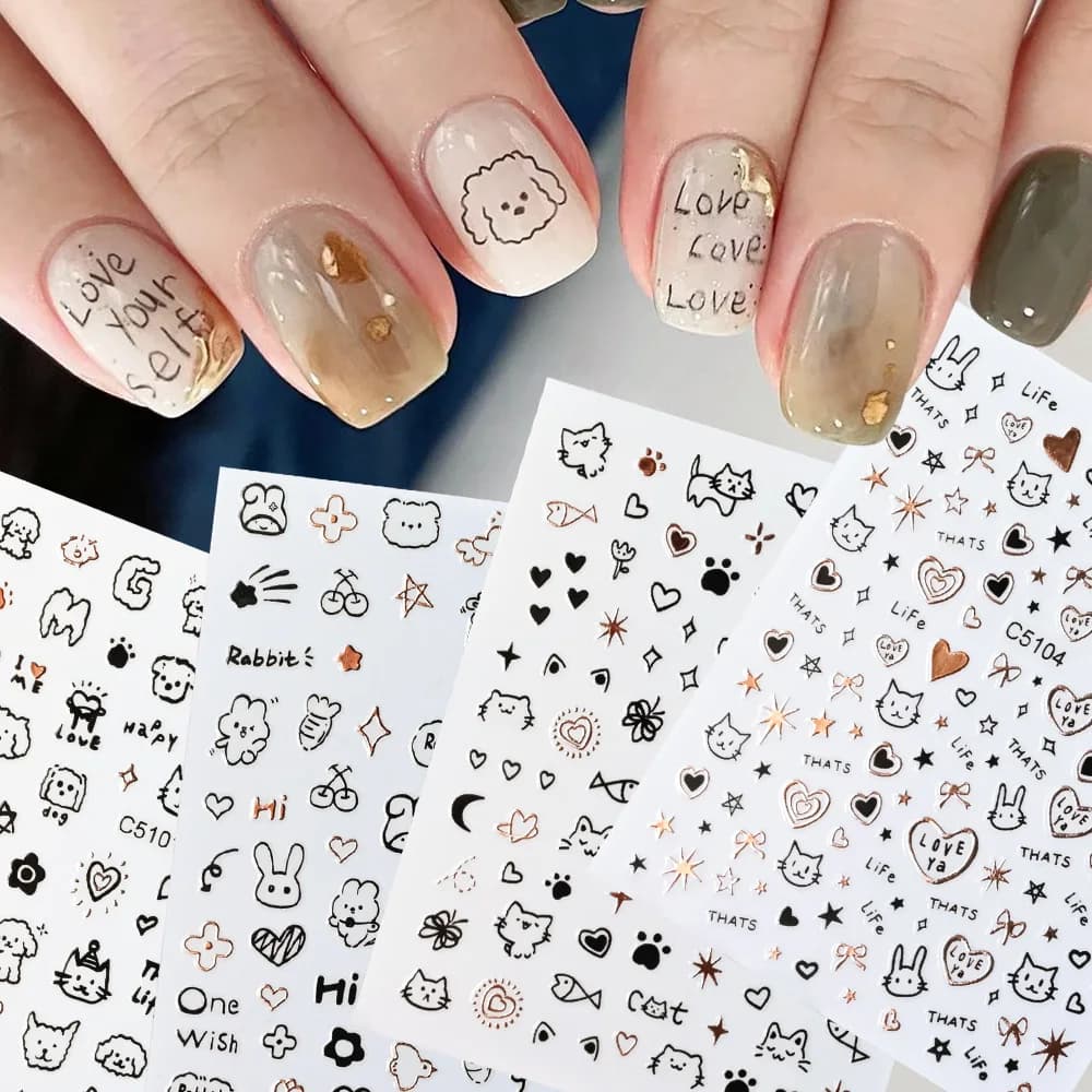 3D Cartoon Nero Graffiti Gatto Infantile Nail Art Adesivi Kawaii Cucciolo di Cane Coniglio Serie Animali Cursori per Decalcomanie per Manicure