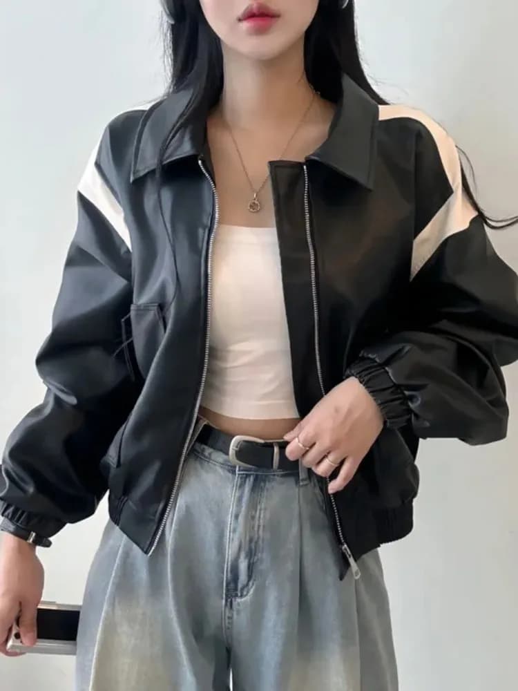 Chic Autumnal Zipper Neck Short Leather Jacket Motorcycle Style Long Sleeve Color Block Collision Fashion Women's Coat