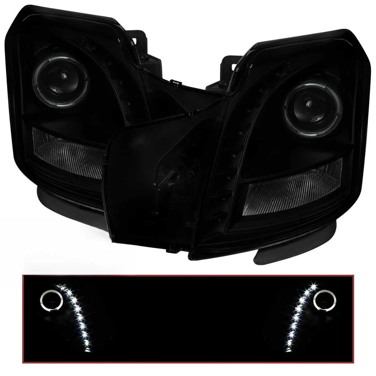 Black Smoke Projector Headlights Fits 2003-2007 Cadillac CTS LED Strip Halo Lamp