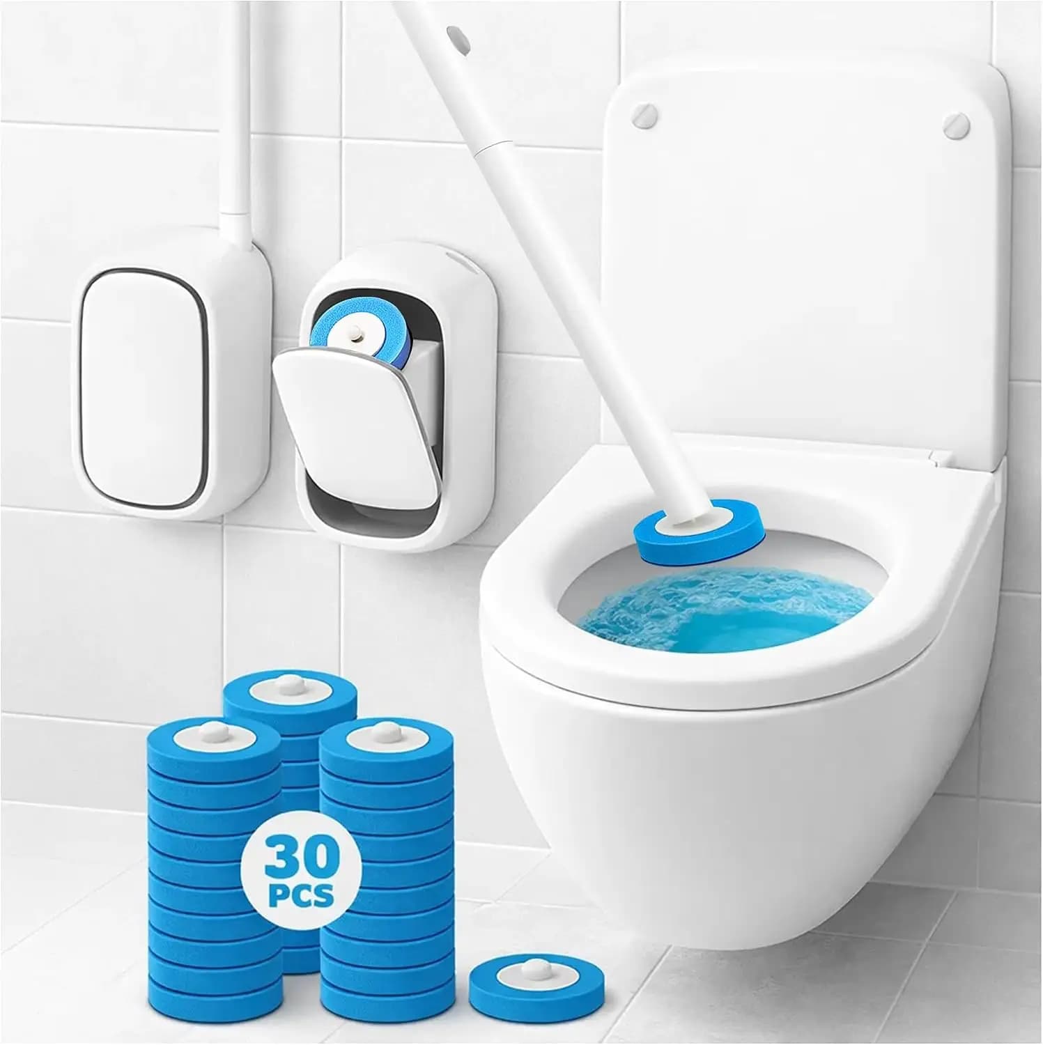 Wall-Mounted Disposable Toilet Brush Set with 30 Refills - Touch-Free Hygienic Bathroom Cleaner