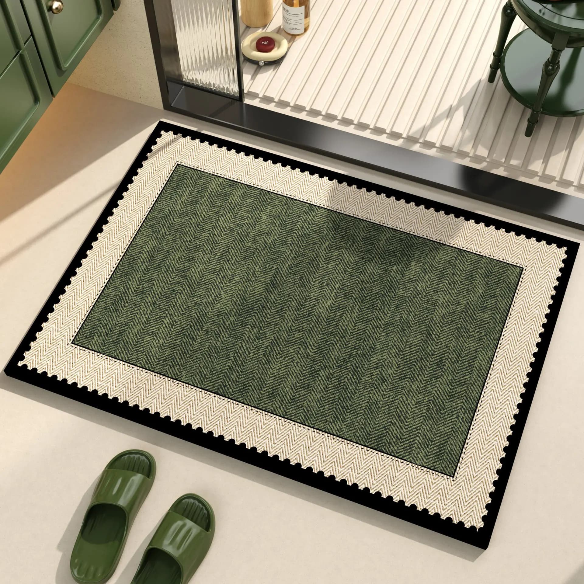 Dark Green Herringbone Scalloped Trim Doormat, Luxury Layered Front Door Rug for Minimalist Home Entry Decor