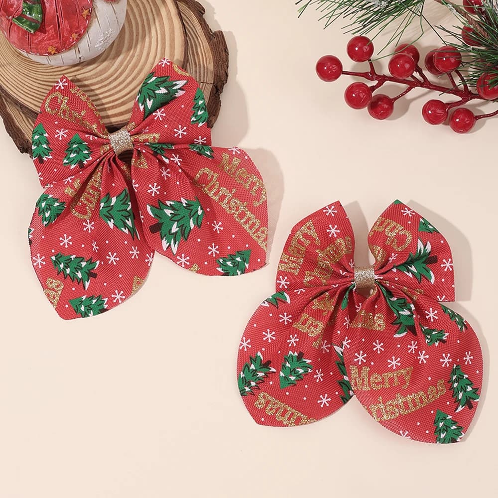 2Pcs “Merry Christmas” Bow Hair Clips Cute Christmas Tree Print Hairpins For Girls Children New Year Headwear Hair Accessories