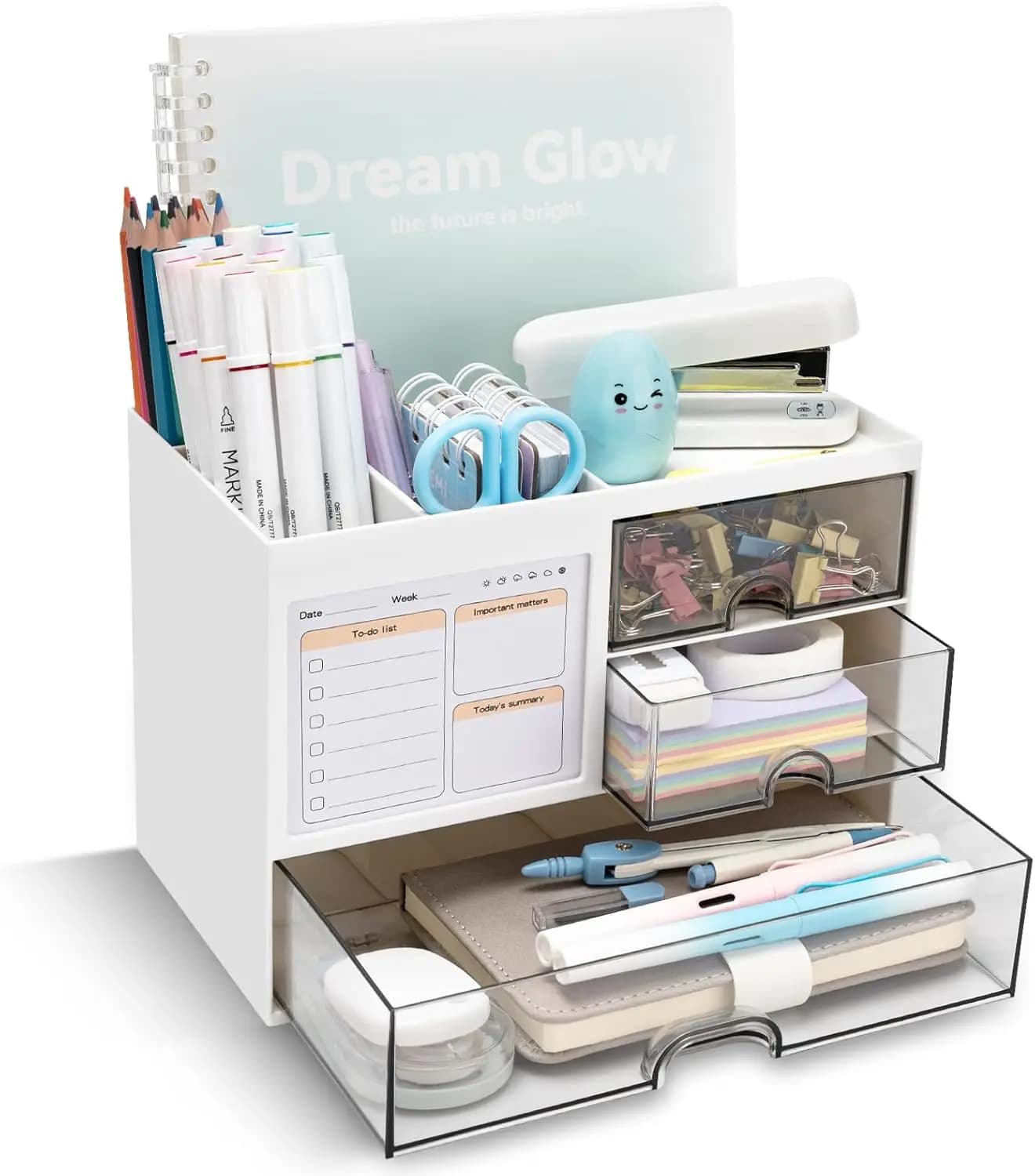 Organizer da scrivania a 3 cassetti con 8 scomparti, portapenne multifunzionale per forniture da ufficio e casa in bianco