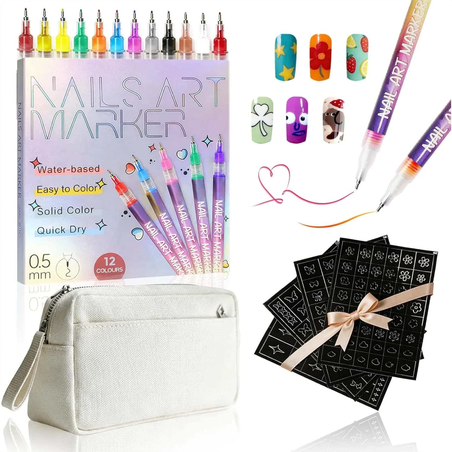 Set di Penne per Nail Art con Punta Fine da 0,5mm, 12 Colori, Pennarelli Impermeabili ad Asciugatura Rapida per Unghie in Acrilico e Gel, con Custodia