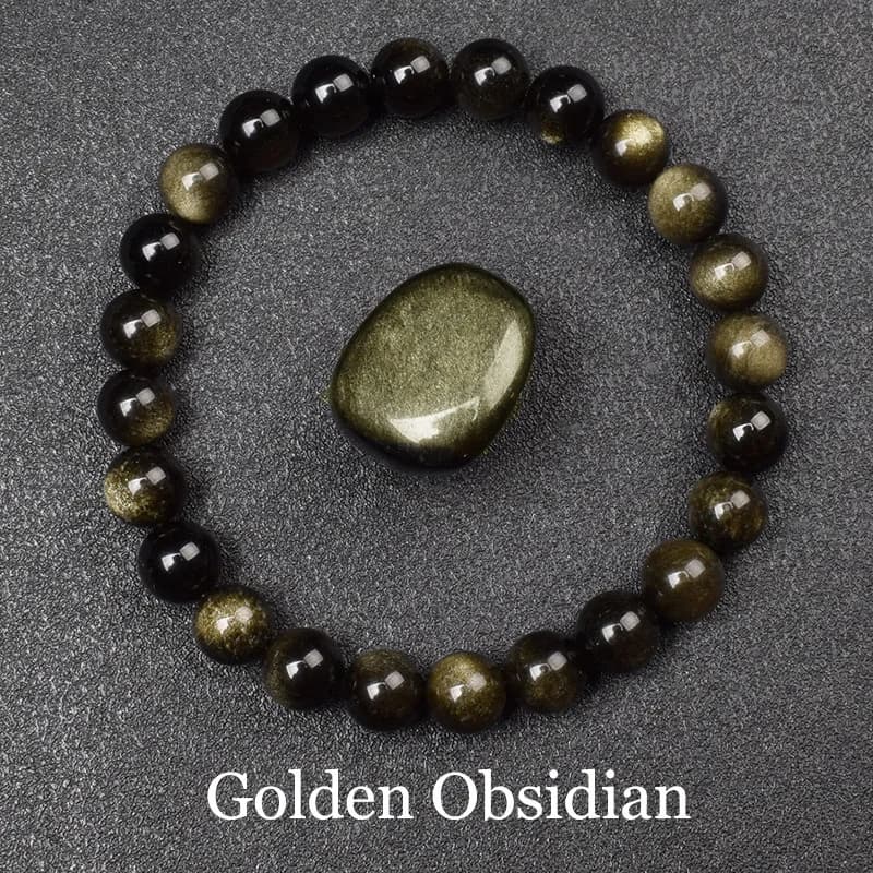 Bracciale con perline di pietra di ossidiana dorata naturale Uomo Donna Luce dorata Arcobaleno Ossidiana Pietra grezza Perline rotonde Gioielli di energia naturale