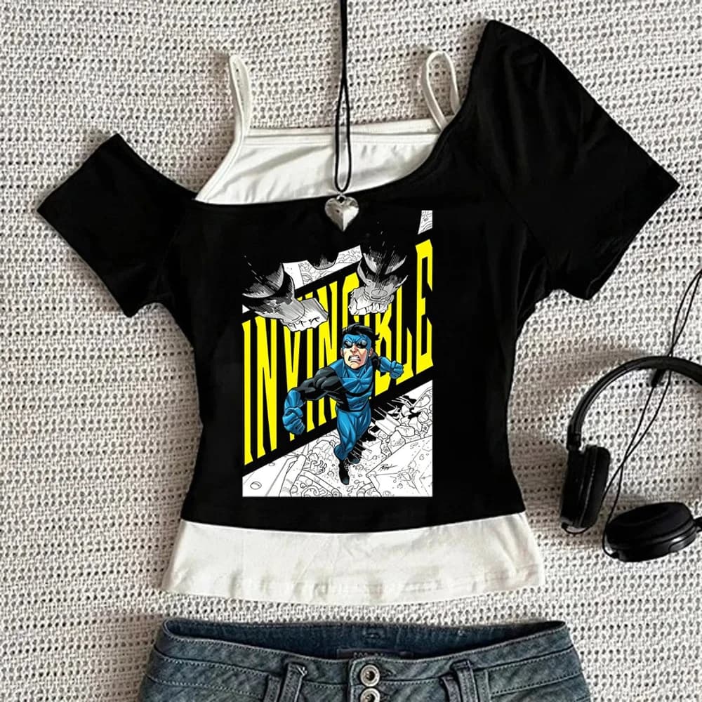 Invincible cropped top female party clearance sales jojifuku streetwear t shirt dollette harajuku jojifuku emo gothic