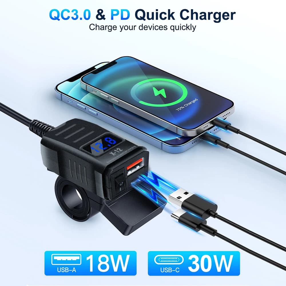 Caricabatterie per moto 12V-24V USB QC3.0 PD con ricarica rapida, presa adattatore di alimentazione con interruttore e voltmetro digitale, accessori per moto