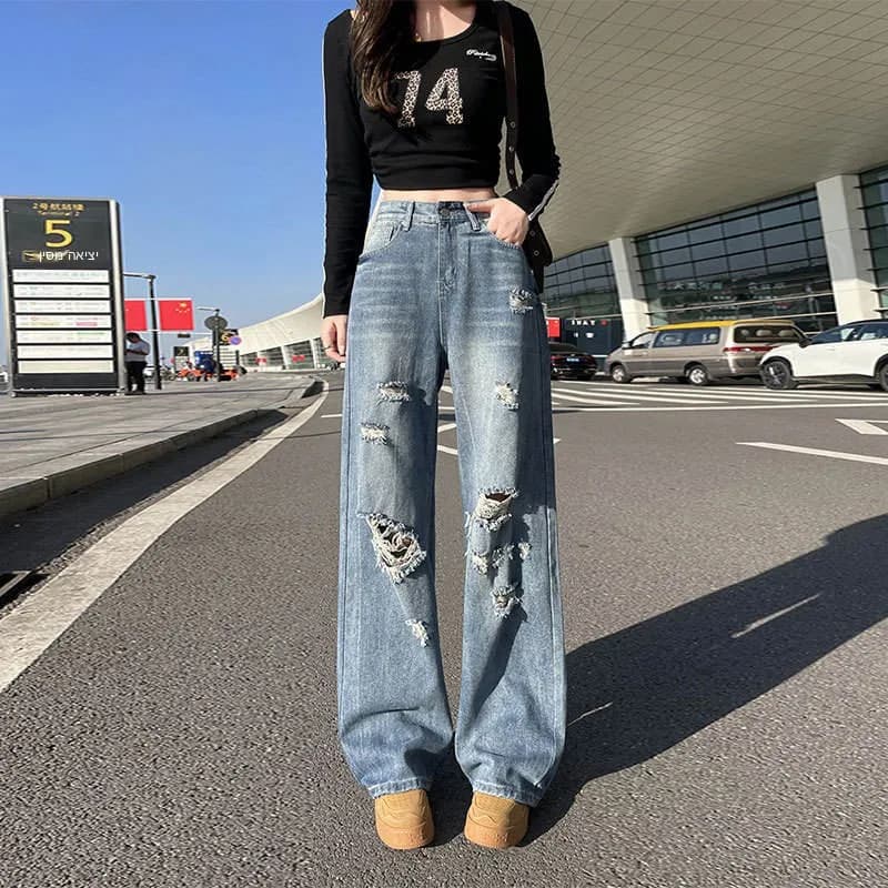 High Waist Wide Leg Jeans Women's Vintage Loose Drapey Autumn Winter Floor Length Trousers Commute Style Other Fabric