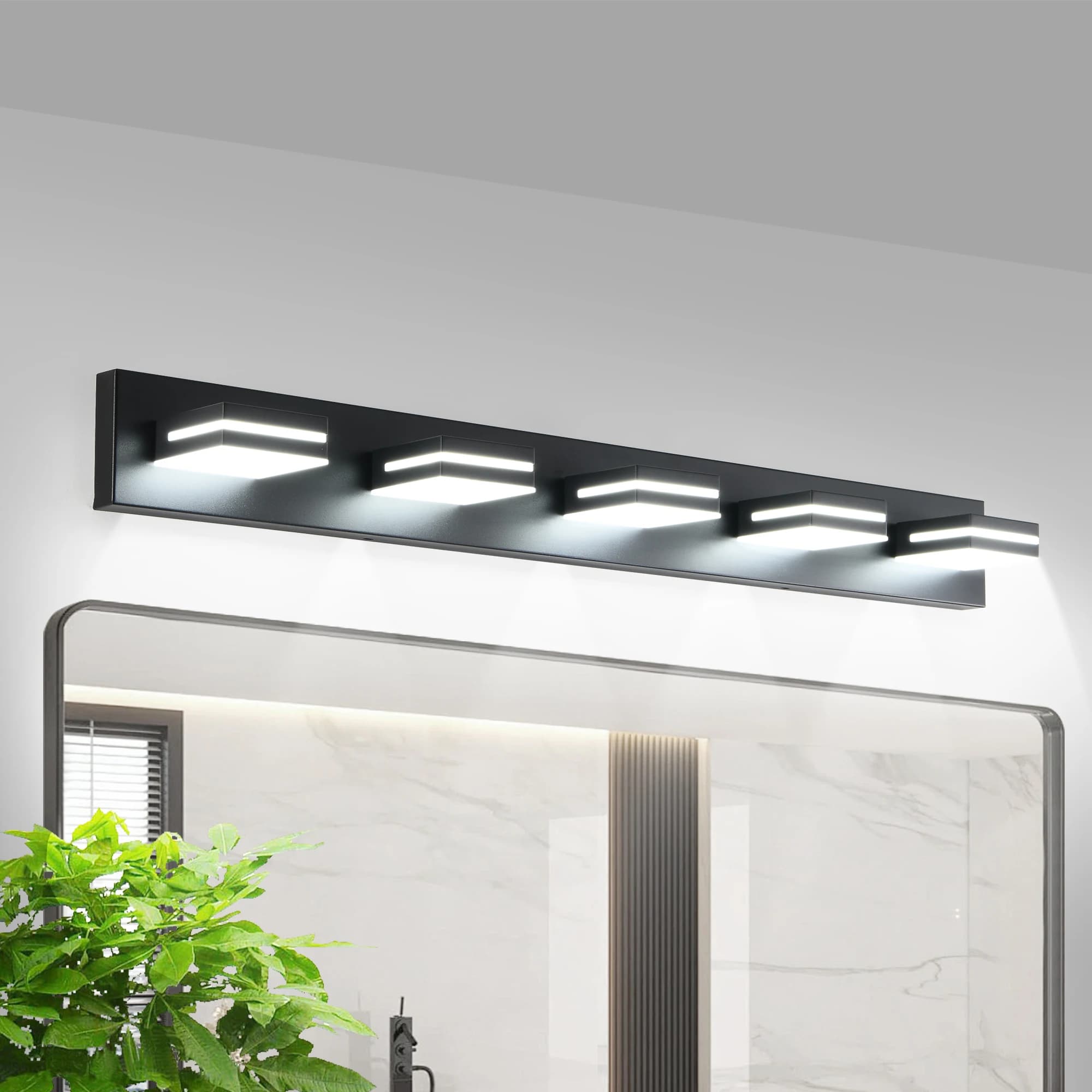 Lampada da Bagno Moderna a 5 Luci LED, Illuminazione da Parete per Specchio in Acrilico Nero Opaco, Luce Bianca Fredda 6000K
