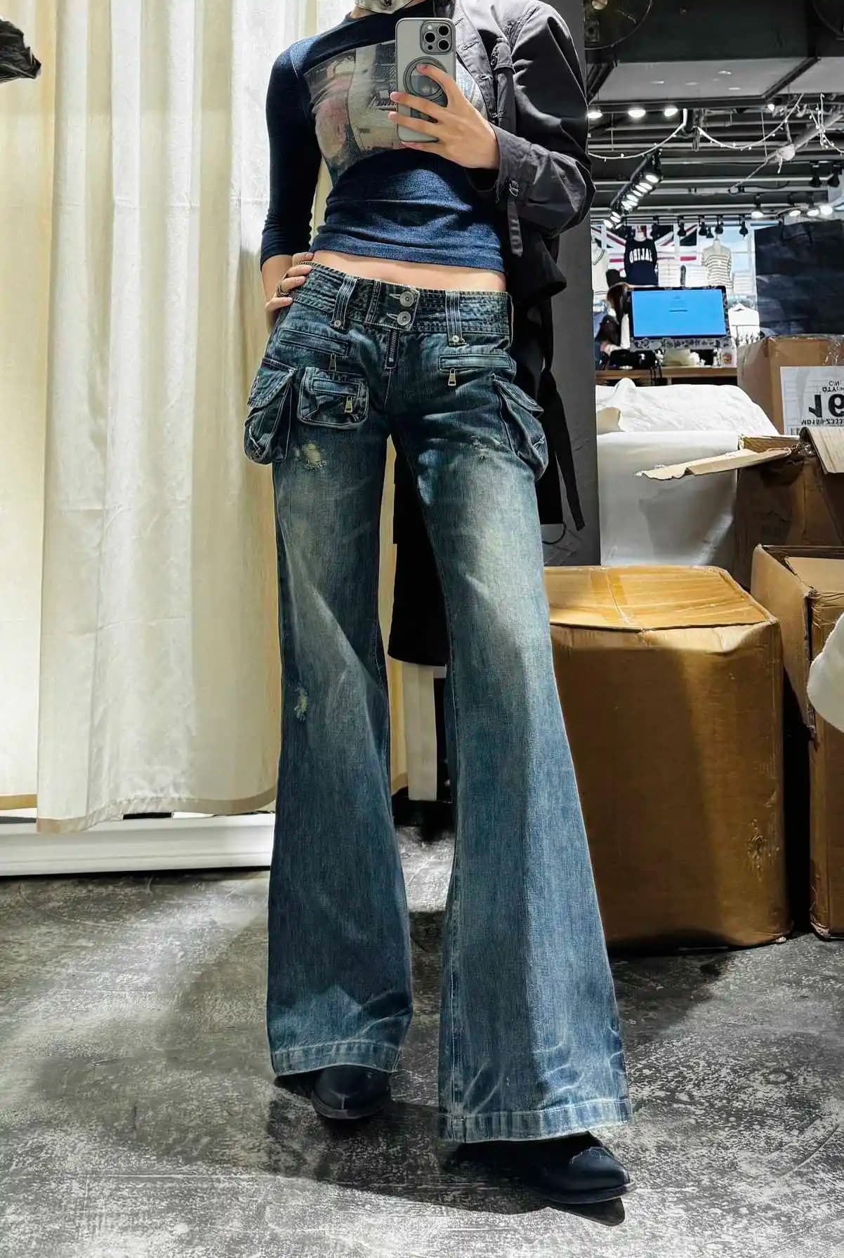 Retro American Low Waist Bell Bottom Work Pants Women Summer Spicy Slimming Jeans Long Bootcut Denim Pants Washed out Style