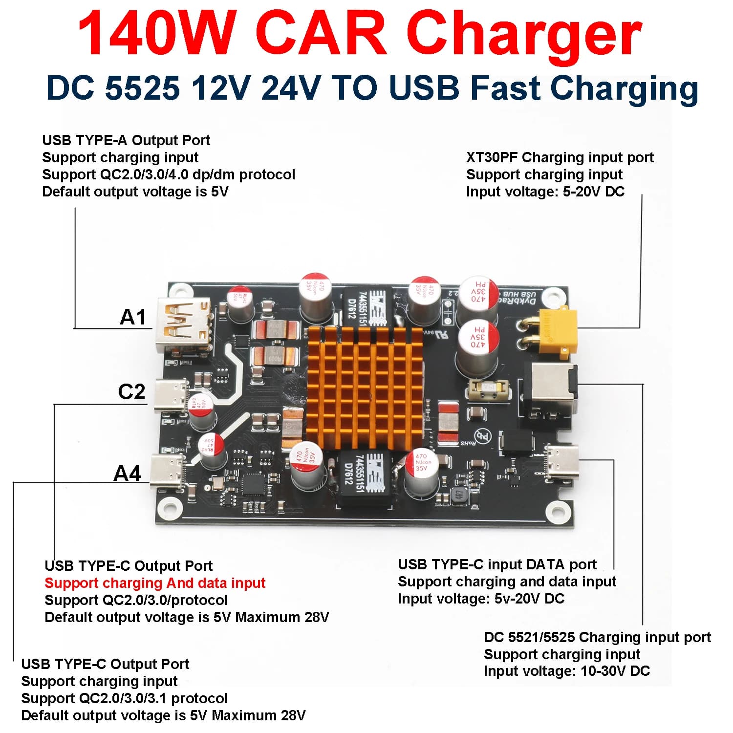 Caricabatteria da auto USB TYPE-C da 140 W Modulo convertitore di ricarica rapida PD Adattatore di ricarica da tavolo QC PD 3.0 3.1 DC 5525 12 V 24 V A USB
