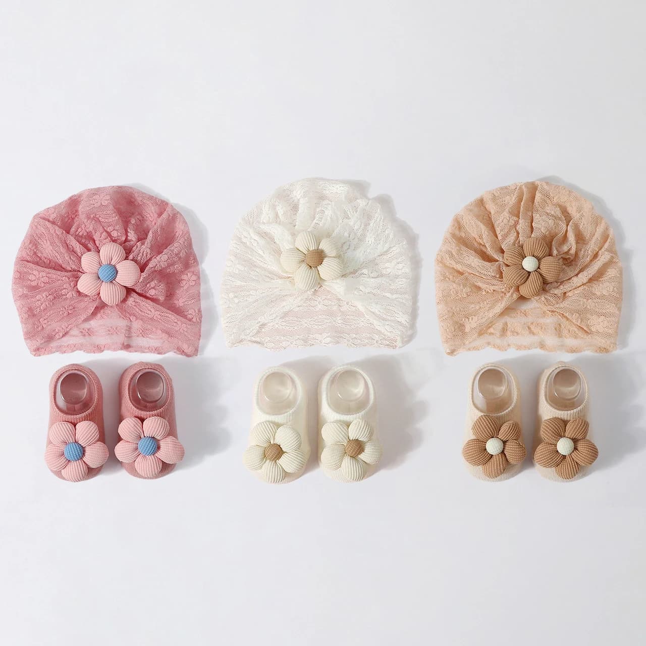 Cappello Turbante in Pizzo per Bambina, Sciarpa con Fiore per Neonata, Calzino alla Caviglia per Bambini 0-1 Anno, Berretto e Calzini in Cotone per Neonati