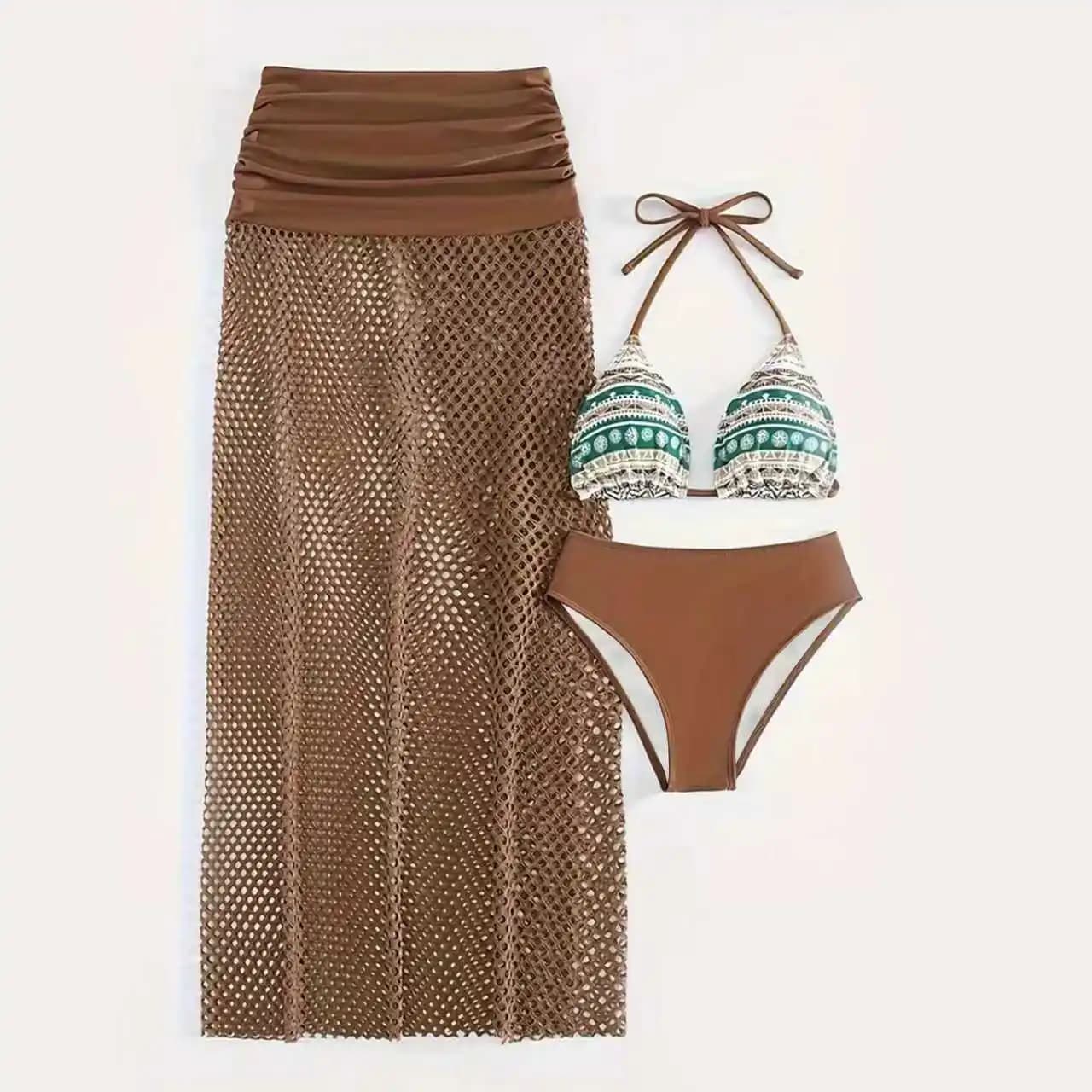 2026 New 3-piece Swimsuit with Long Skirt Sexy Striped Bikini Set Triangle Bra Suspender Halter Backless Beach Vacation Swimwear