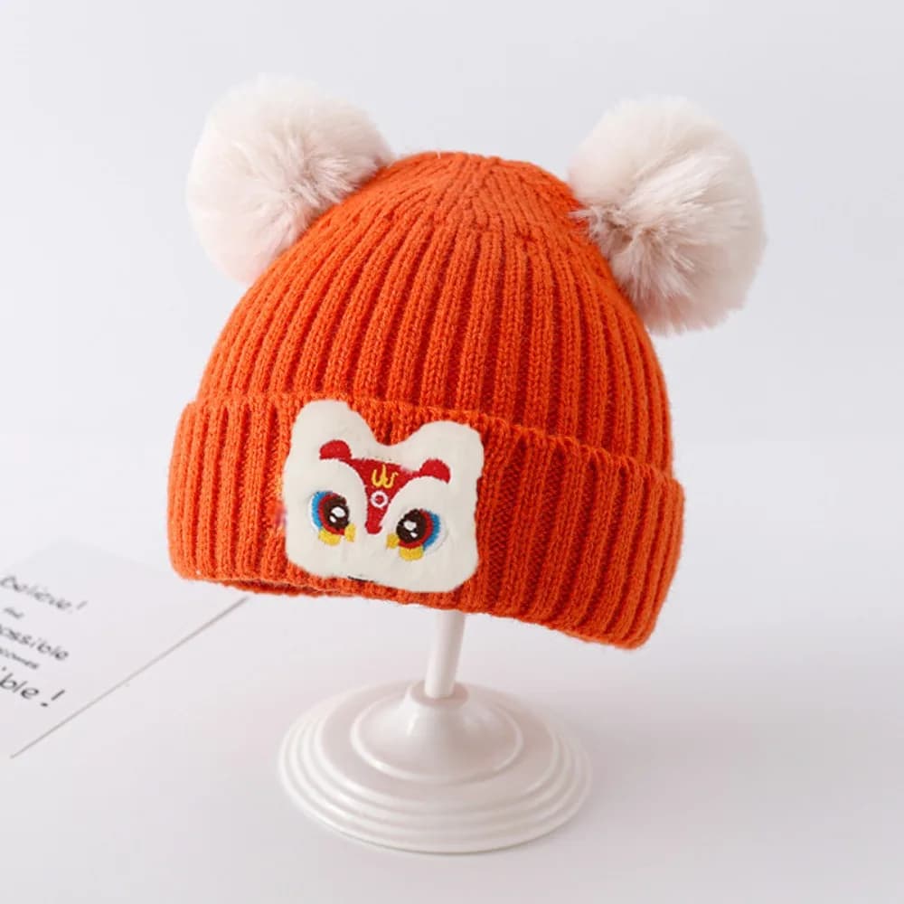 Fashion Cute Beanie Cap Knitted Red Knitted Hat Autumn Winter Waking Lion Pullover Hat for Kid