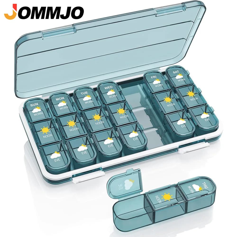 1 organizer settimanale per pillole, 3/4 volte al giorno, portapillole a prova di umidità per 7 giorni con 21/28 scomparti, grande capacità per vitamine