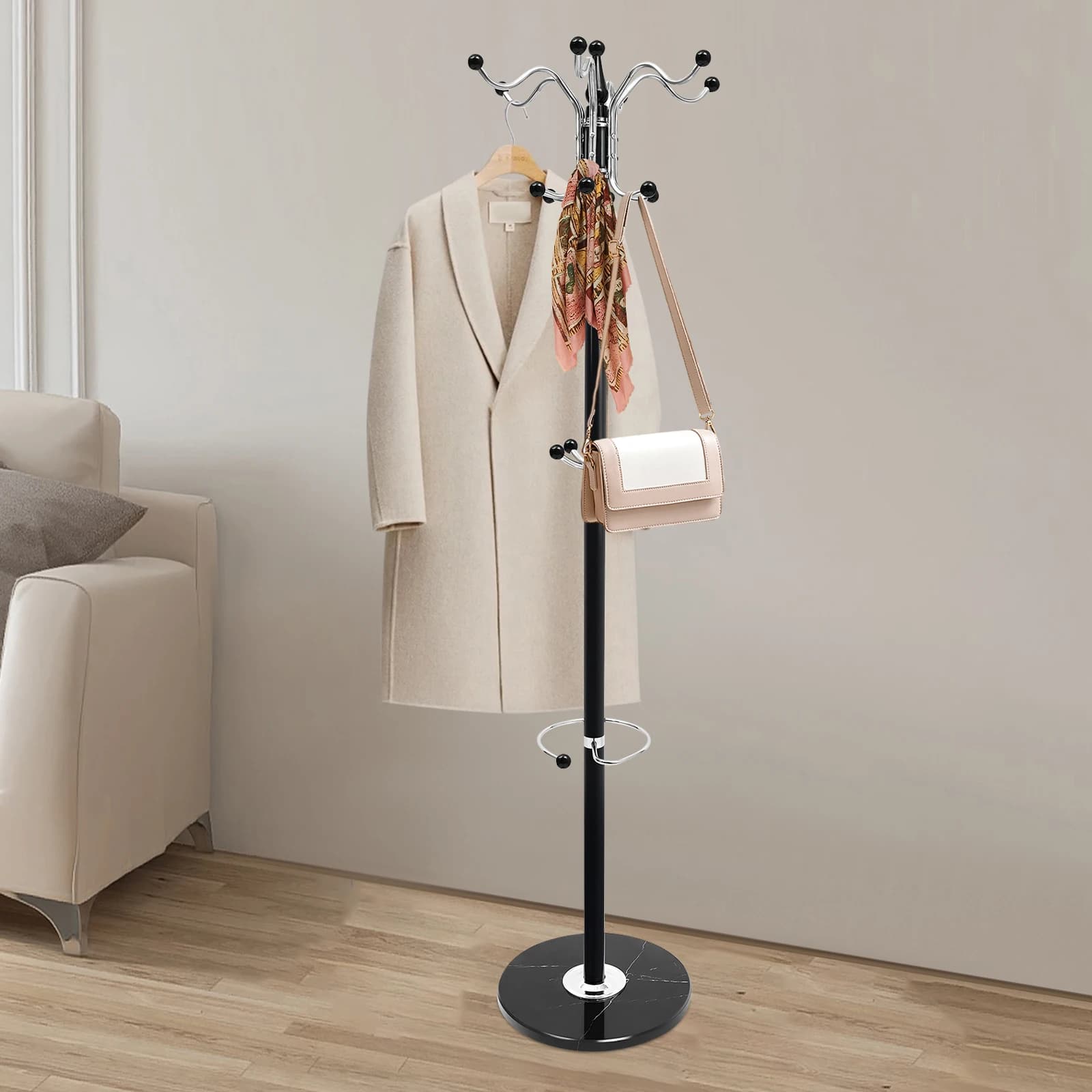 Hangers, 16 hooks at 4 levels, vintage clothes hangers for umbrella, coat, hat, jacket, marble base, tree door
