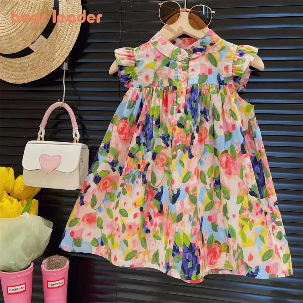 Bear Leader Vestito da ragazza 2023 Estate Nuove ragazze Girocollo Stampa floreale Abito con maniche volanti Abito con stampa per bambini di moda