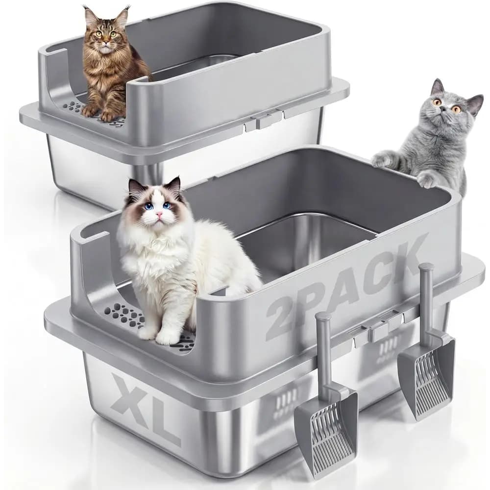 Lettiera per Gatti Extra Large 24x16x12 in Acciaio con Coperchio e Bordi Alti, Anti-Perdita, Anti-Odore, Include Paletta