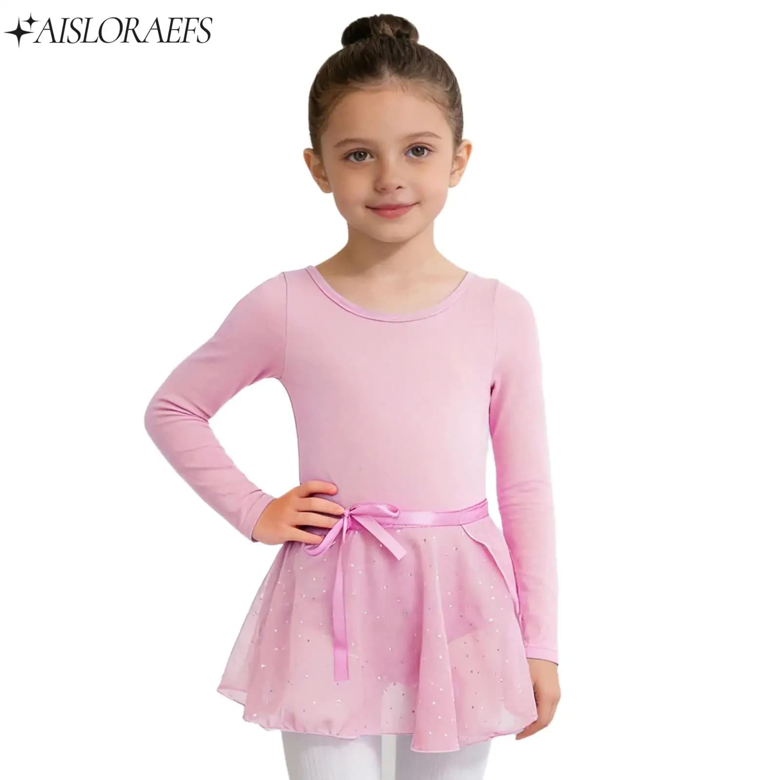 Set da Danza Classica per Bambine, Completo per Ginnastica e Pattinaggio Artistico, Outfit per Competizioni, Body a Maniche Lunghe + Gonna con Paillettes