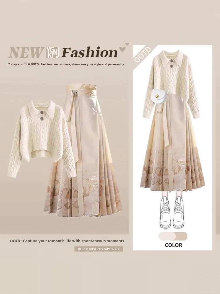 Nuovo Set Maglione e Gonna Lavorati a Maglia in Stile Cinese, Completo Invernale alla Moda, Gonna Lunga a Vita Alta, Tradizionale Nazionale