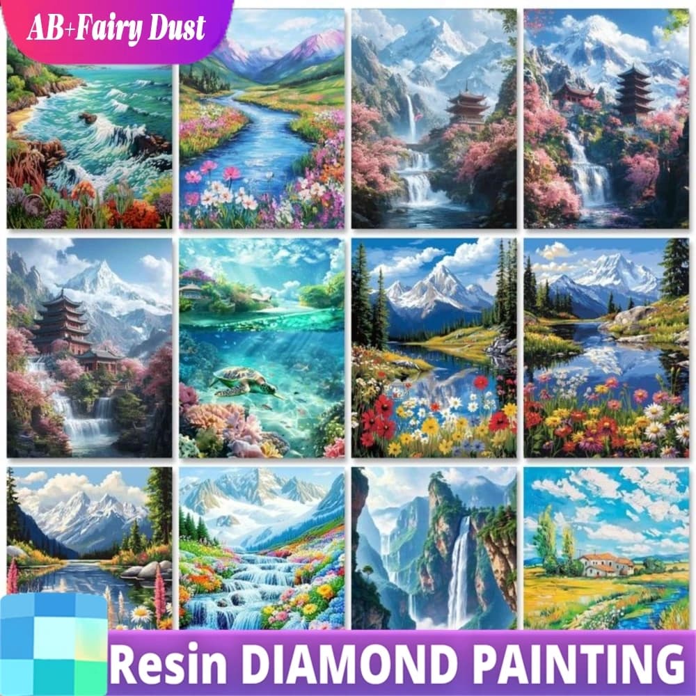 Resin Fairy Dust AB RUOPOTY Full Square/Round Diamond Painting Seaside Landscape Cross Stitch Kit Embroidery Mosaic Picture Home