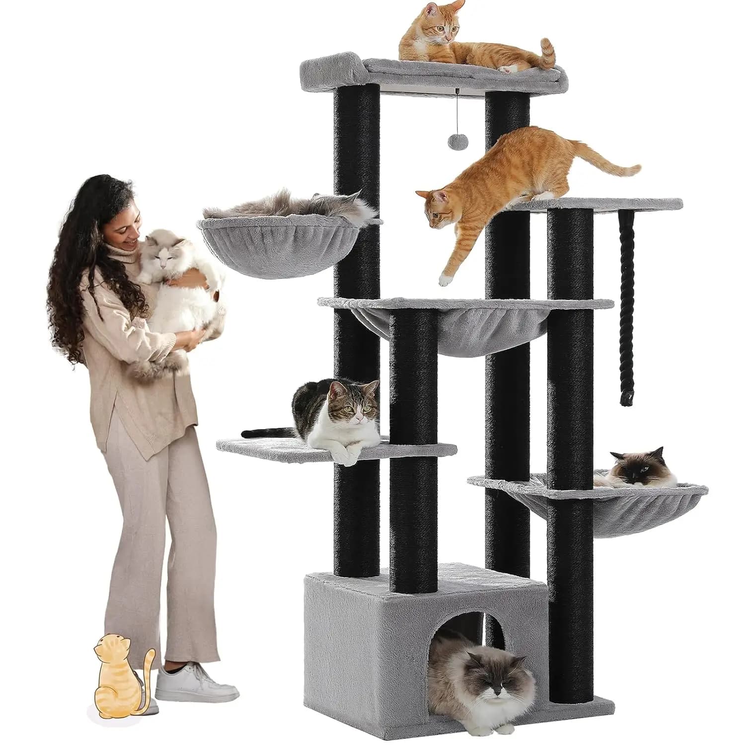 Torre per Gatti XXL Resistente con 13 Posti di Tiragraffi Spessi, Grande Cuccia, 3 Amache, per Gatti Grandi da Interno, 67 Pollici, Grigio, Personalizzabile