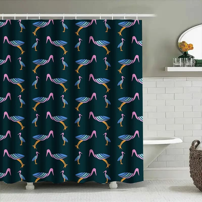 Tenda da doccia moderna per bagno con motivo uccelli, tessuto impermeabile per la decorazione domestica in colori blu rosa, dimensioni 72 x 84 pollici