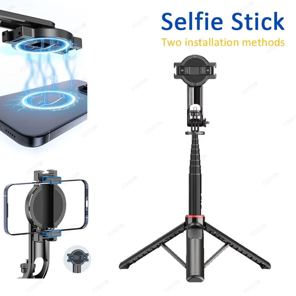 Magnetic & Clip Selfie Stick Tripod Holder for iPhone 17~12 Pro Max Travel Stand for Magsafe Phone Clamp for Android Smartphone
