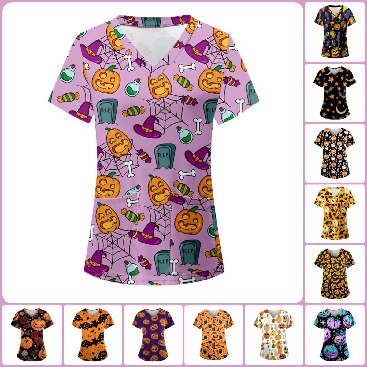 Surgical Uniform Woman Halloween Pumpkin Cartoon Print Dental Scrubs Tops V-Neck Short Sleeve with Pockets Tees Medical Clothes