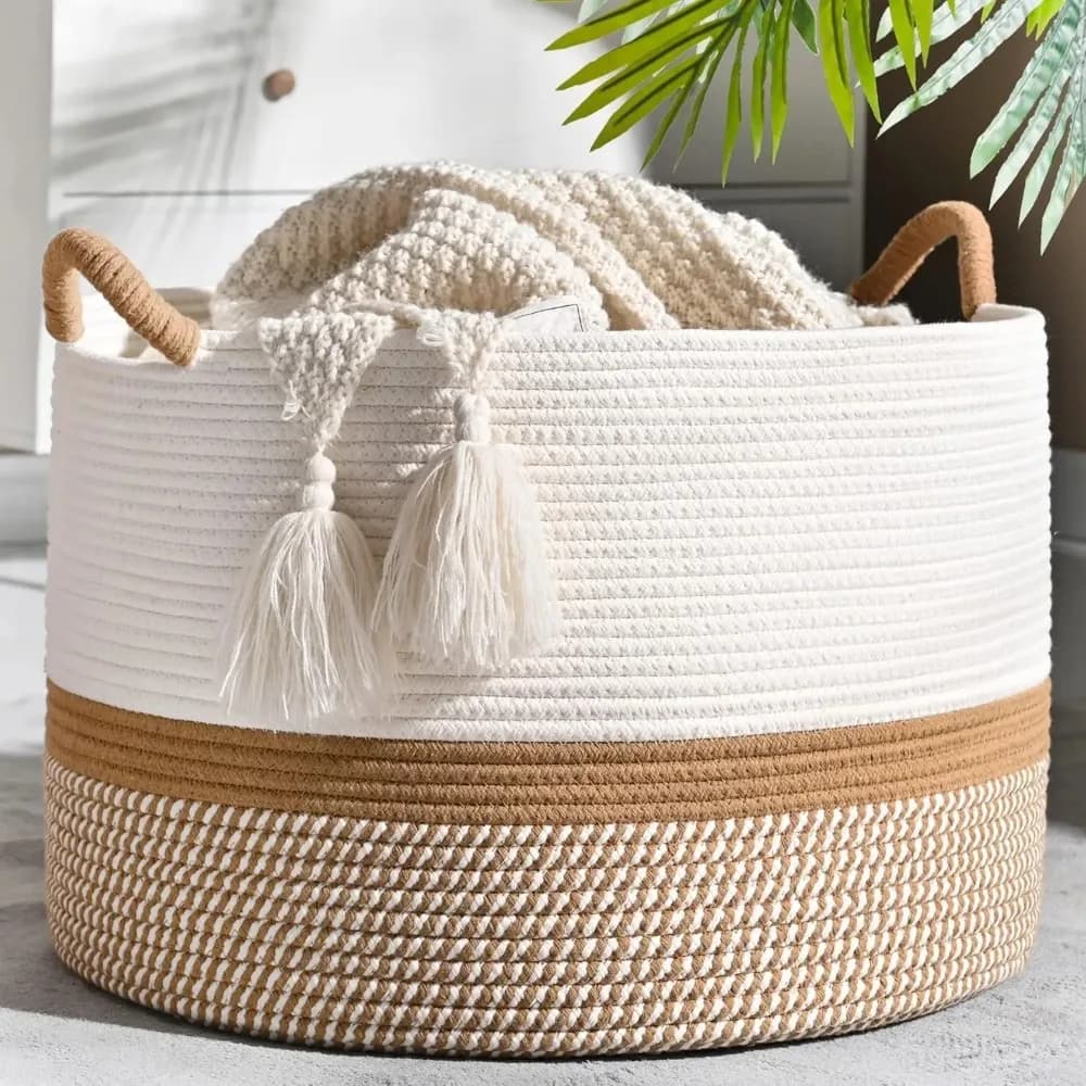 Large blanket basket, fabric baskets to store baby linen basket, cotton rope blanket basket for living room, laundry