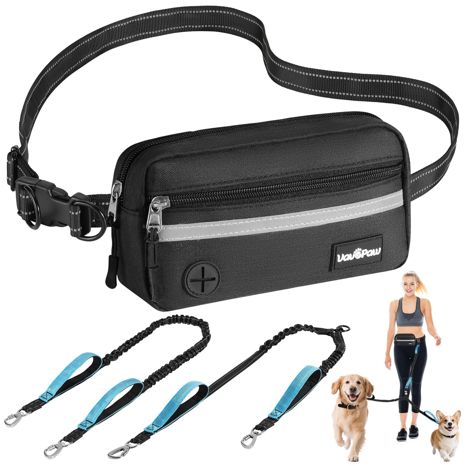 Guinzaglio per Cani a Mani Libere con Tasca, Guinzaglio da Vita per Passeggiate, Jogging, Escursioni, Guinzagli Retrattili con Doppi Manici Imbottiti