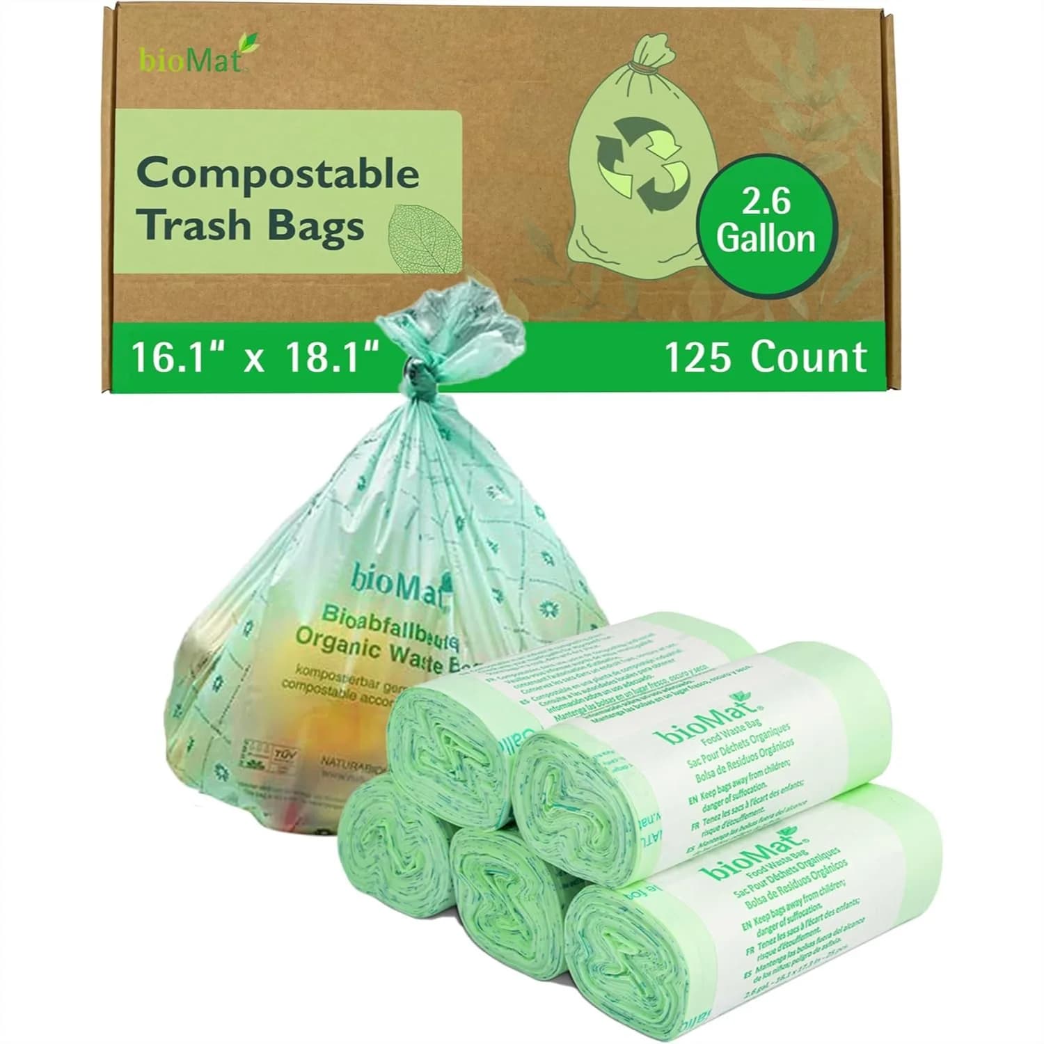 Sacchetti per Rifiuti Compostabili da 2,6 Galloni, Confezione da 125, Sacchetti per Rifiuti Alimentari da Cucina, Certificati BPI & OK Compost HOME, ASTM D6400