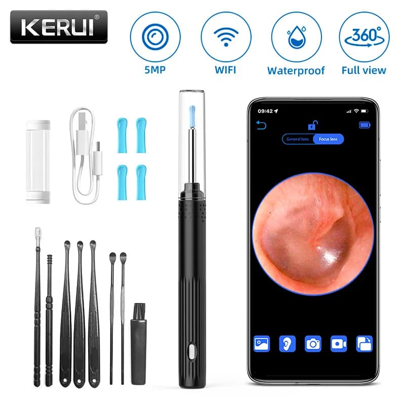KERUI Smart Ear Wax Removal detergente per le orecchie con strumento per la pulizia dell'orecchio 5MP HD Camera Light Kit per la rimozione del cerume endoscopio otoscopio
