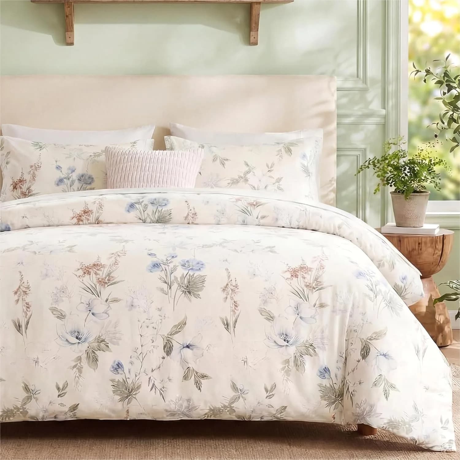 Floral Duvet Cover Queen Size 100% Cotton Reversible Set with Zipper Closure 3 Pieces Soft Breathable Garden Comforter