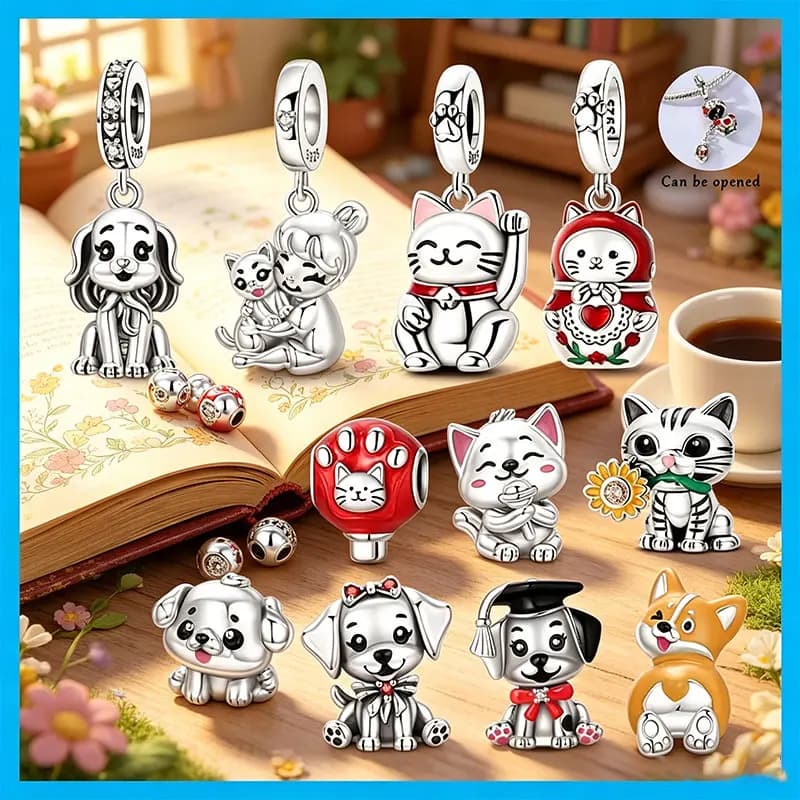 Cat Corgi Grad Pet Matryoshka CZ Original Charms Silver Plated Beads Fit Bracelets Bag Keychain Charms Diy Women Gift Accessory