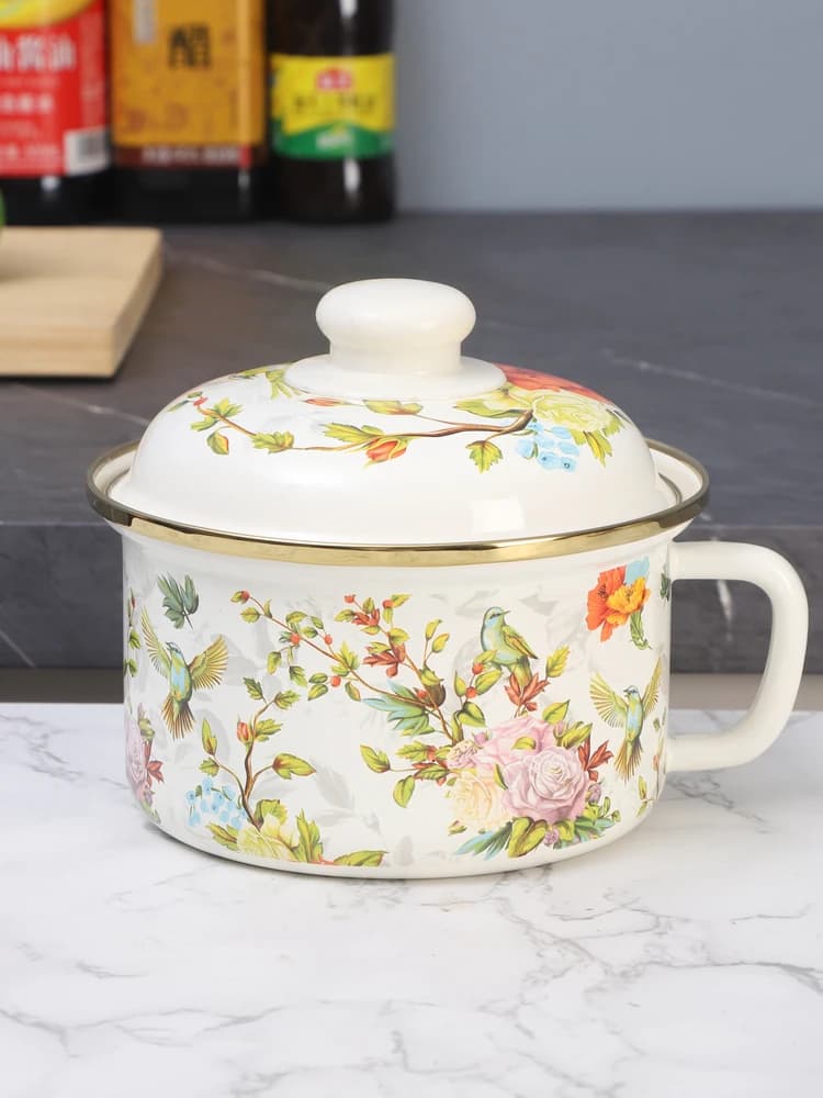 Ciotola Grande in Smalto con Coperchio, Tazza per Noodles Istantanei Stile Vintage, Contenitore per Pranzo Studenti, Motivo Floreale