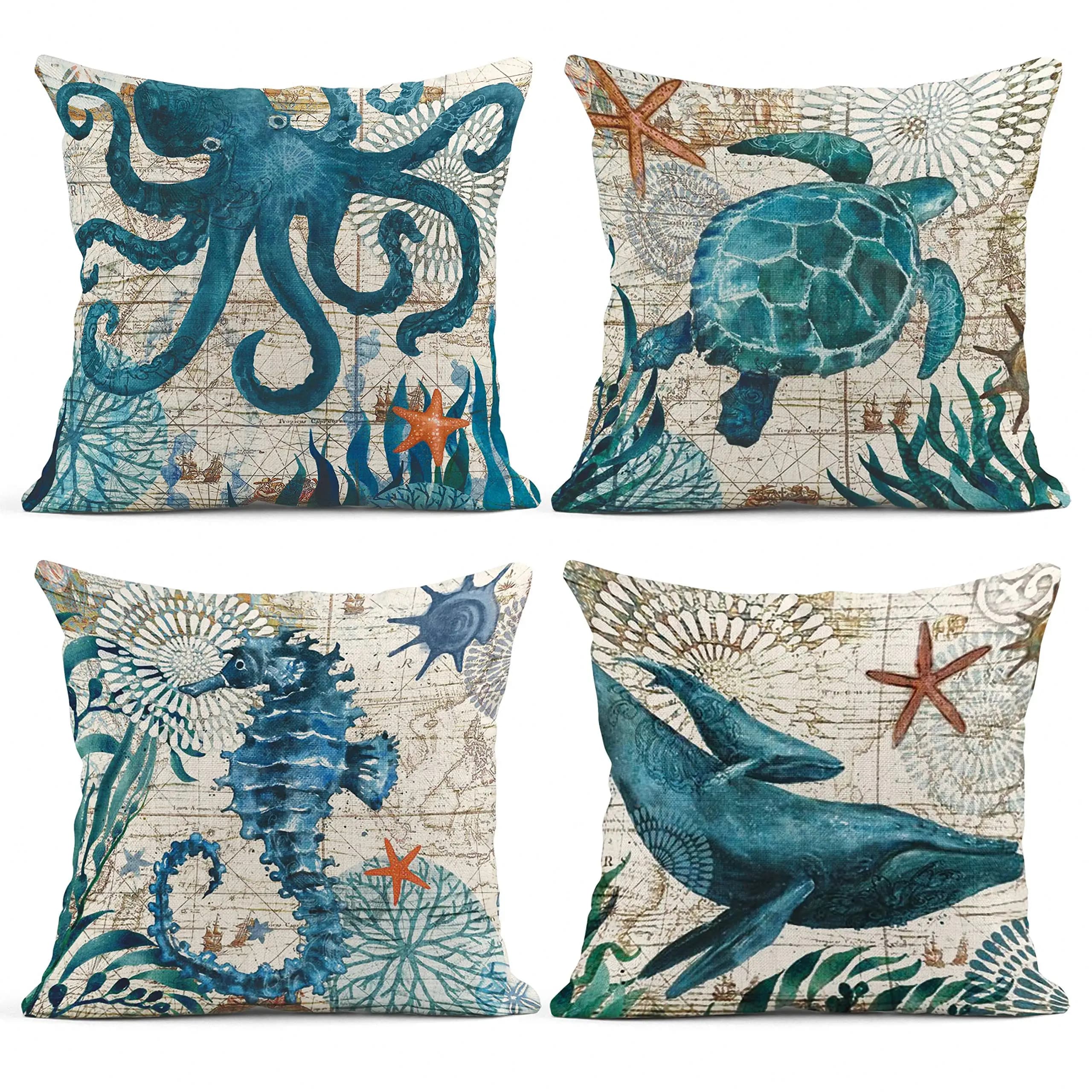 Sea Life Whale Octopus realed seahorse federa decoration for living room sofa lining for pillow 50*50 linen pillowcase 40*40