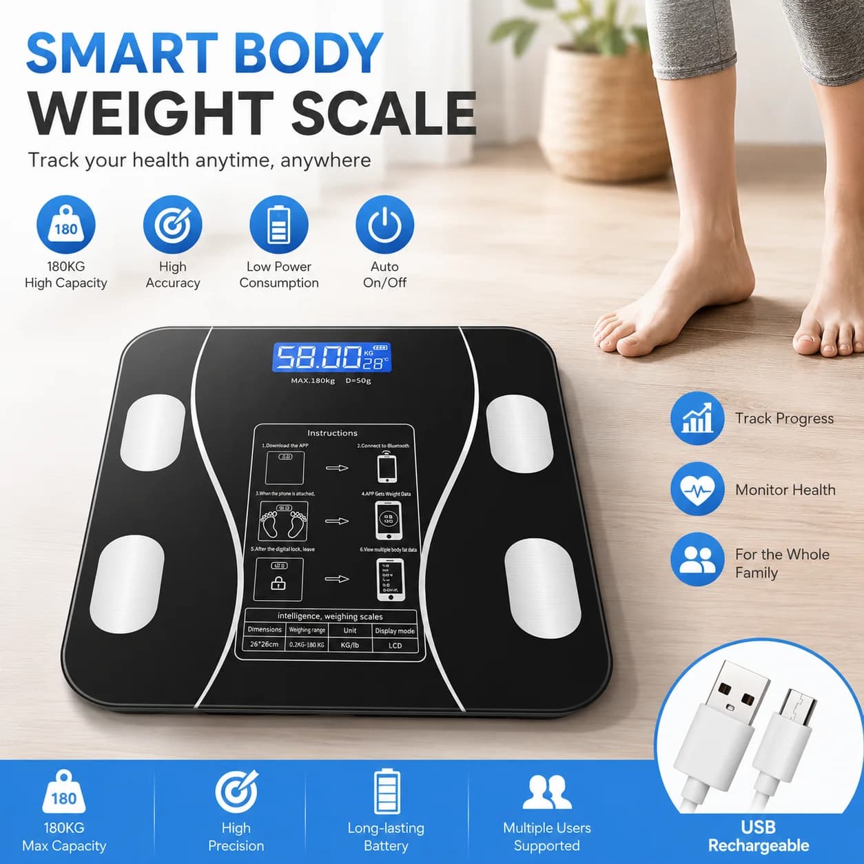 High Precision USB Rechargeable Smart Digital Body Weight Scale, LED Display Accurate Weight & Health Monitor, Portable Electronic Weighing Scale for Home Office Adults Weight Loss Tracking